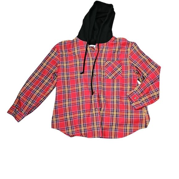 Plaid Red Womens Hoodie Buttondown Shirt Size Large Flannel Shirley - Picture 1 of 2